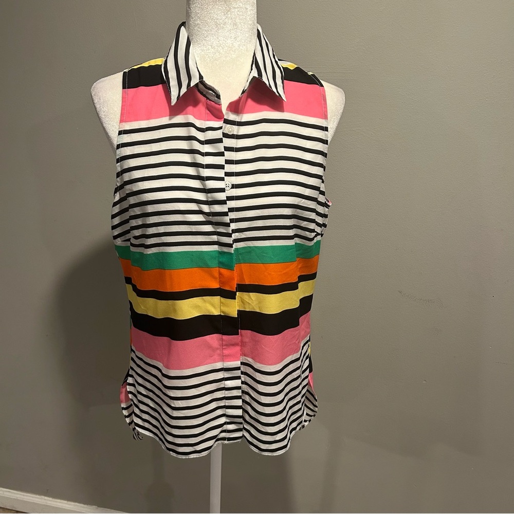 Milano Tank Top Blouse Button Down Collar Stripes Womens Medium EUC